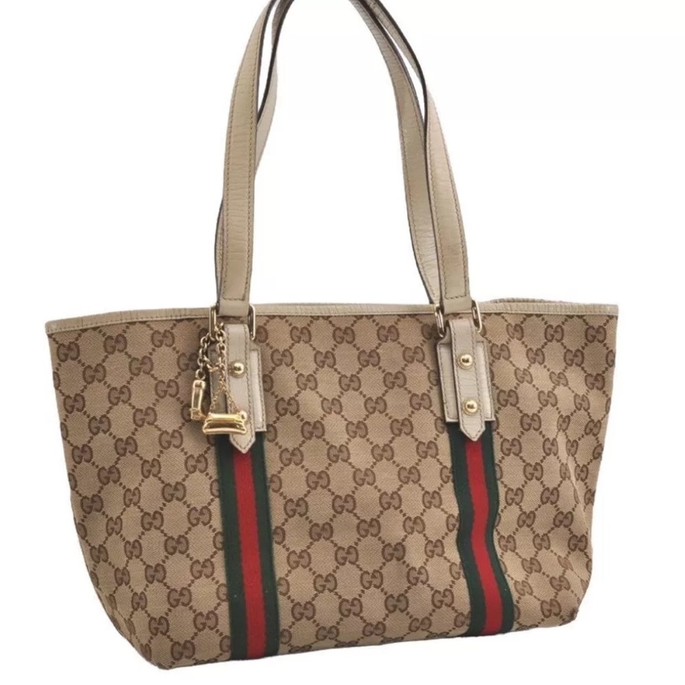 GUCCI Web Sherry Line Tote Bag GG Canvas Leather 137396 Brown 1852J